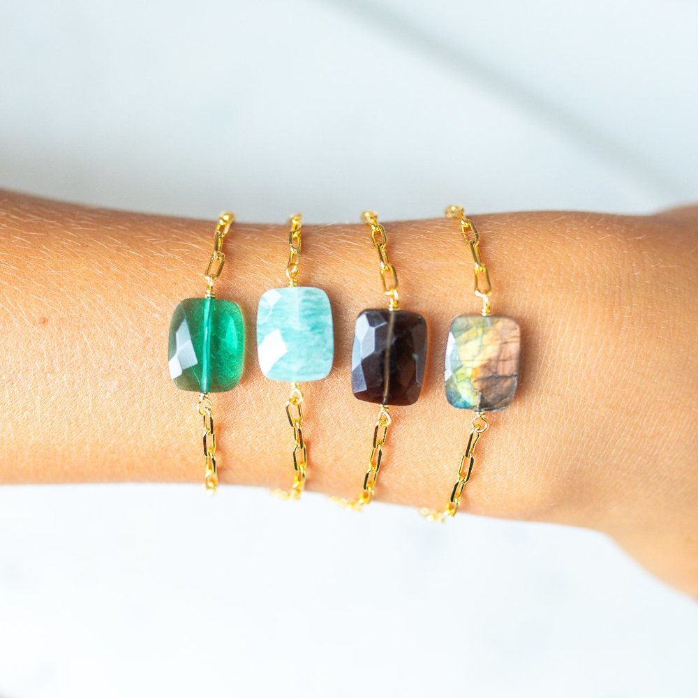 Beautiful Smokey Quartz Gemstone Faceted Bracelet Gold Paperclip Chain Bracelet
